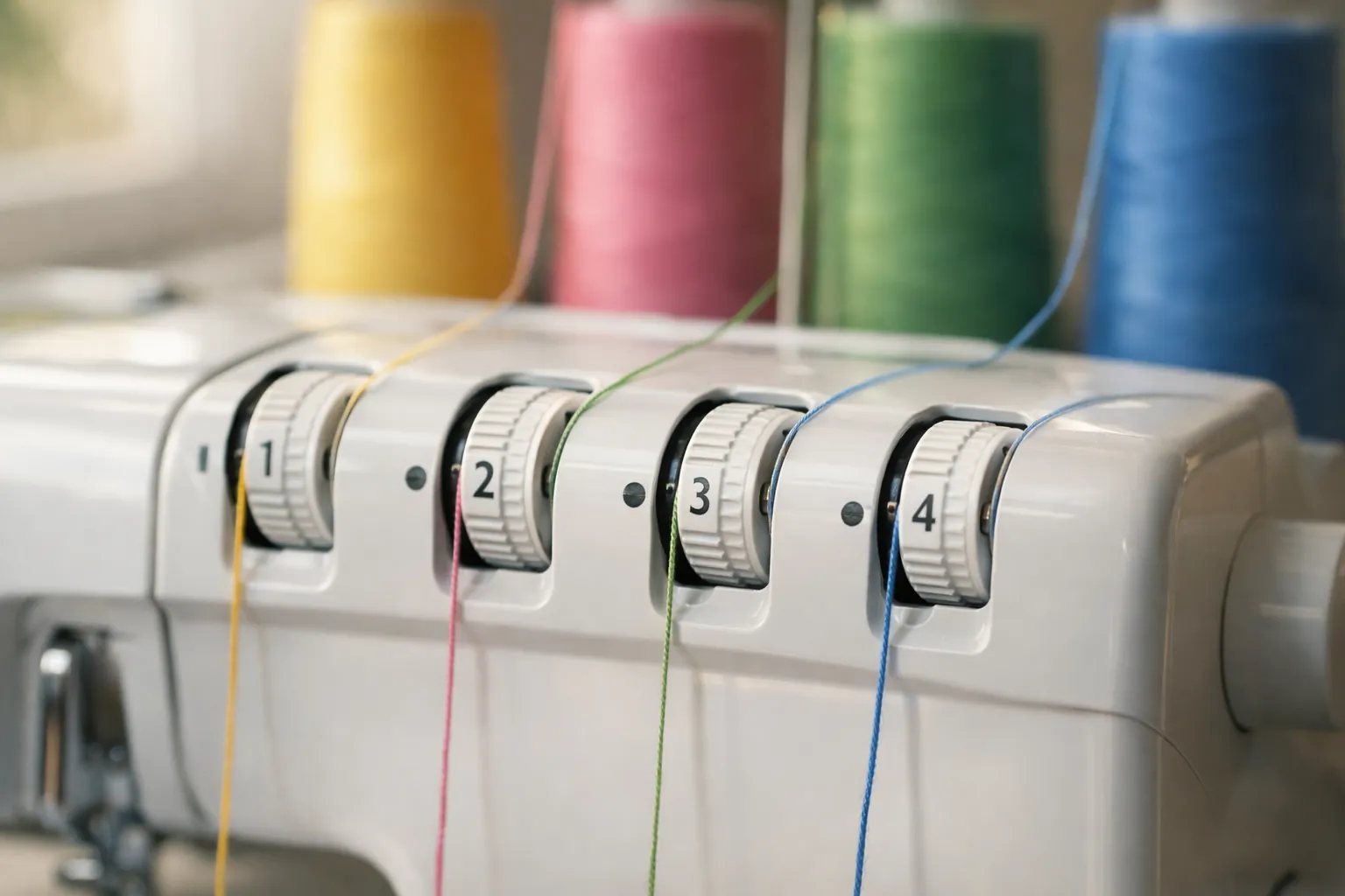 Four tension dials on top of a white serger, with colored threads running down into them