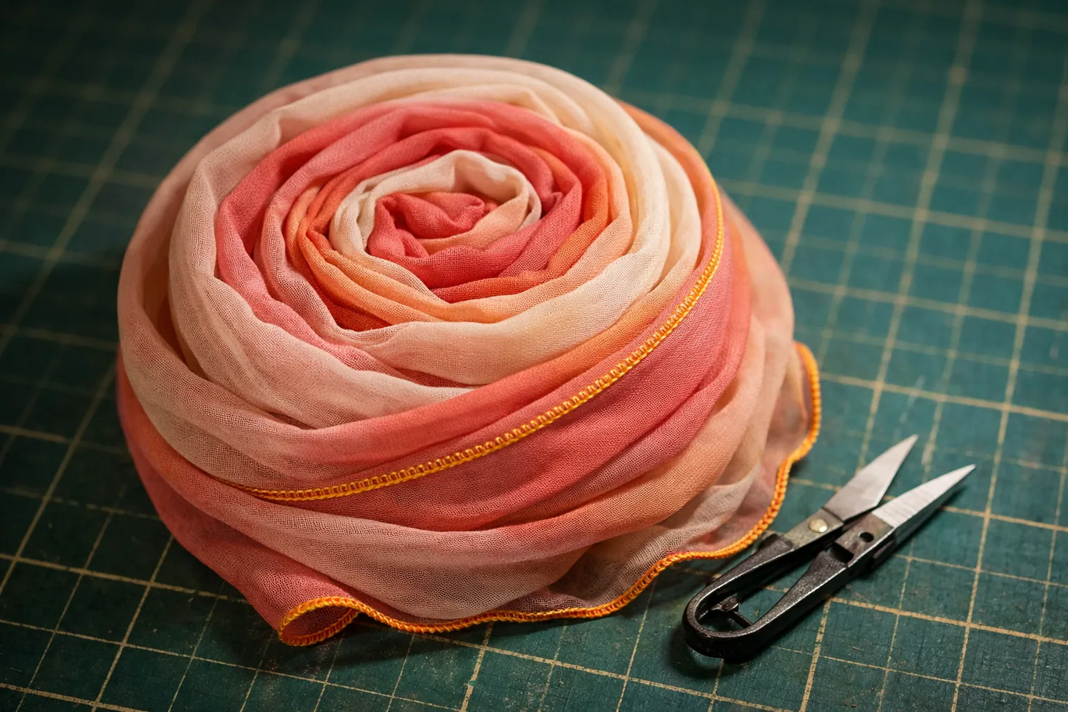 A narrow rolled hem in contrasting thread on a lightweight scarf