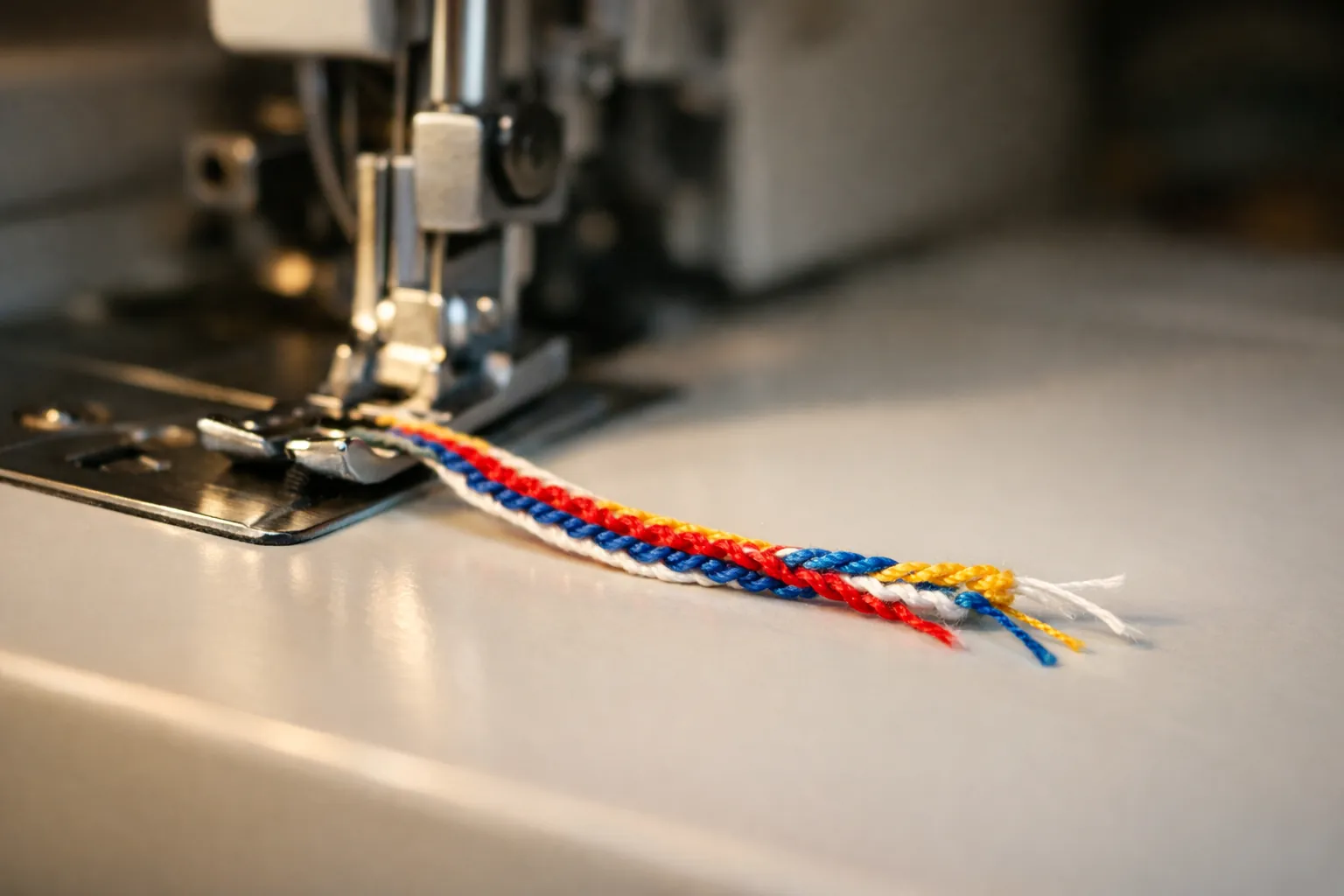 An even four-thread serger chain coming off the presser foot