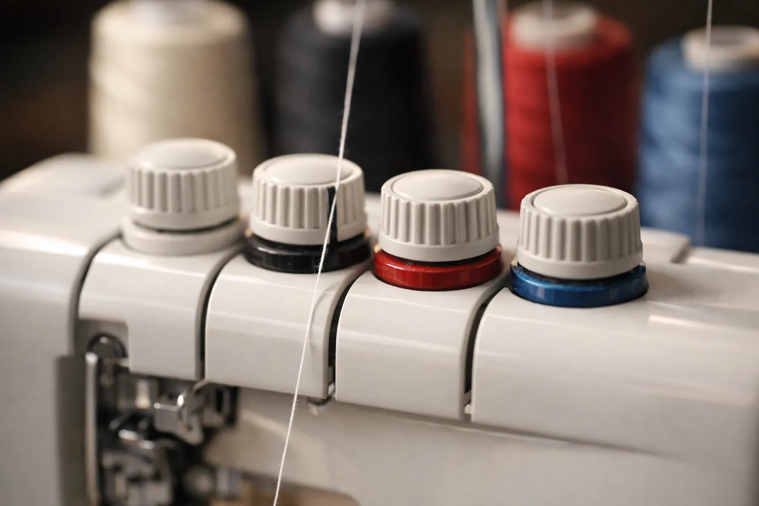 A thread being pulled down between the tension discs on top of a serger