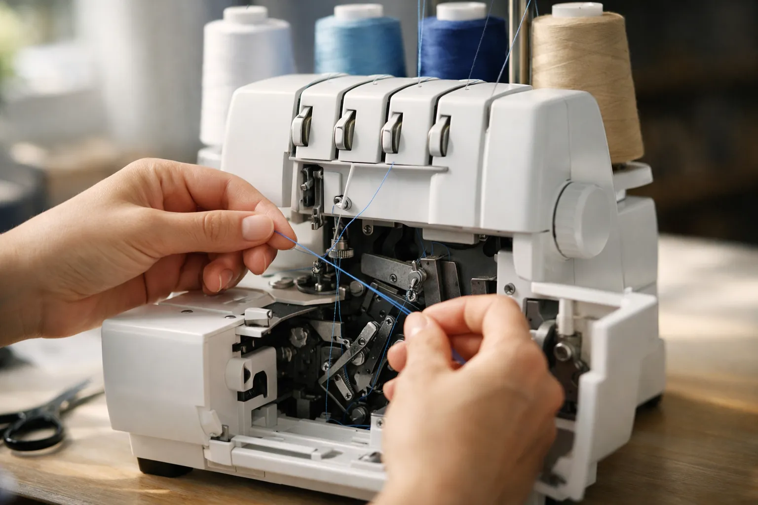Hands guiding a blue thread through the open front of a white serger, with the looper area visible