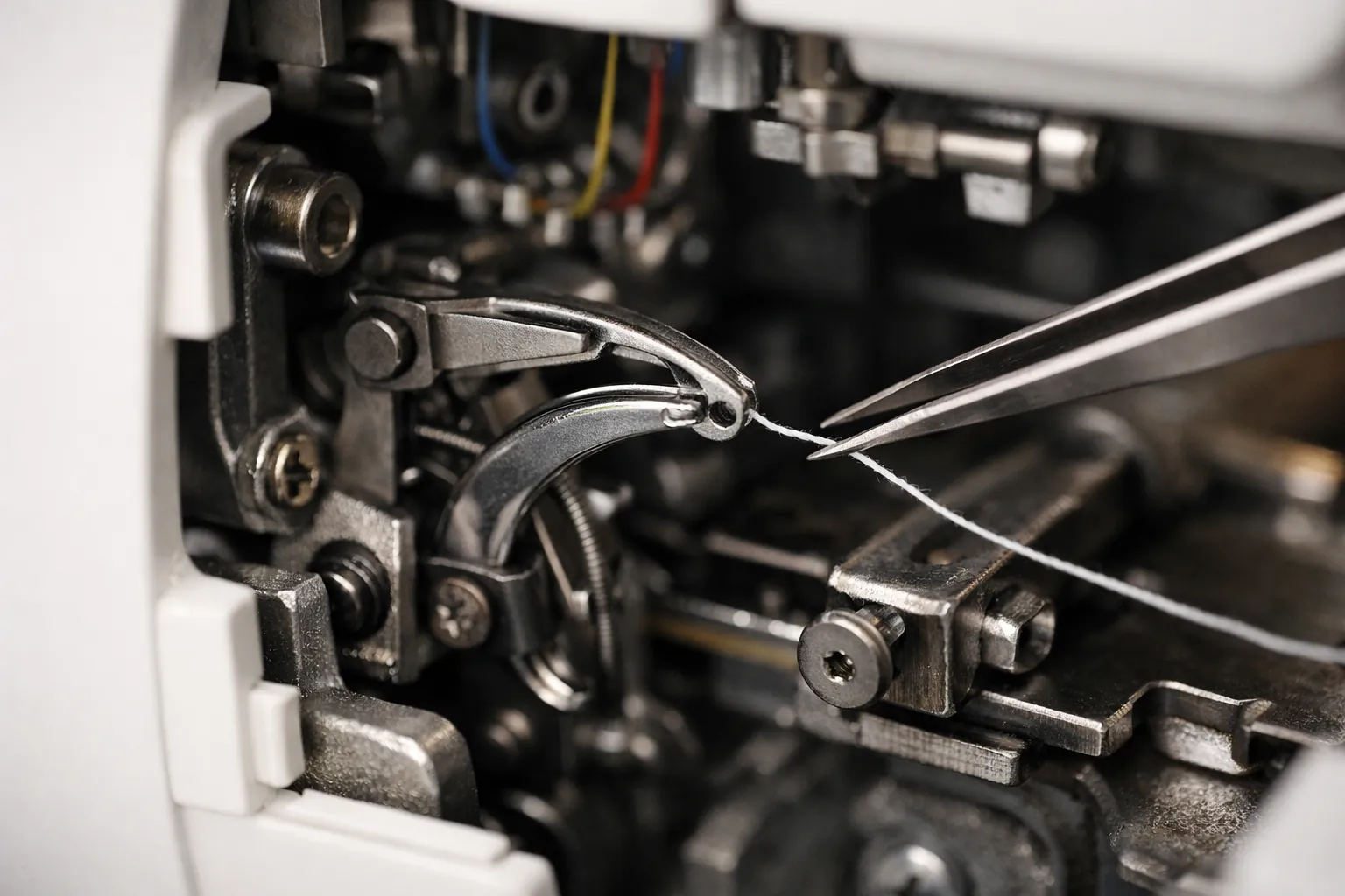 Tweezers guiding a thread toward a looper eye inside an open serger