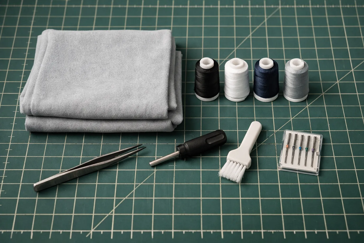 Serger accessories laid out: dust cover, mini spools, tweezers, screwdriver, brush and needles