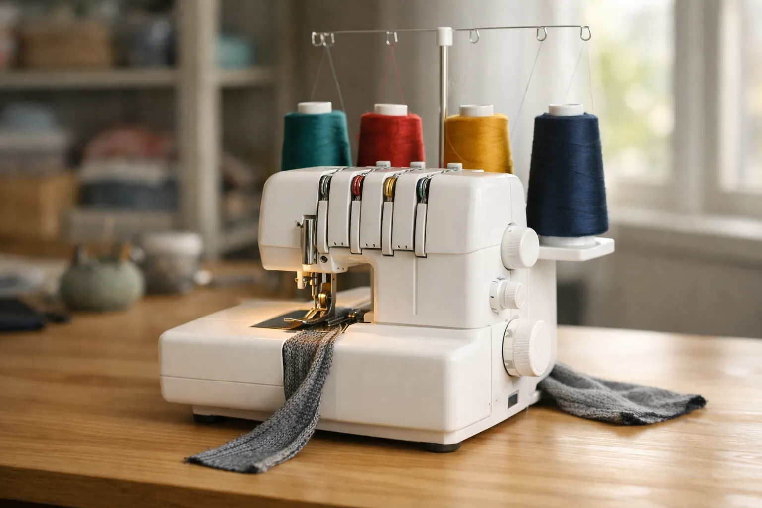 A white four-spool serger on a sewing table with cones of thread on the thread tree and a knit seam coming out the back