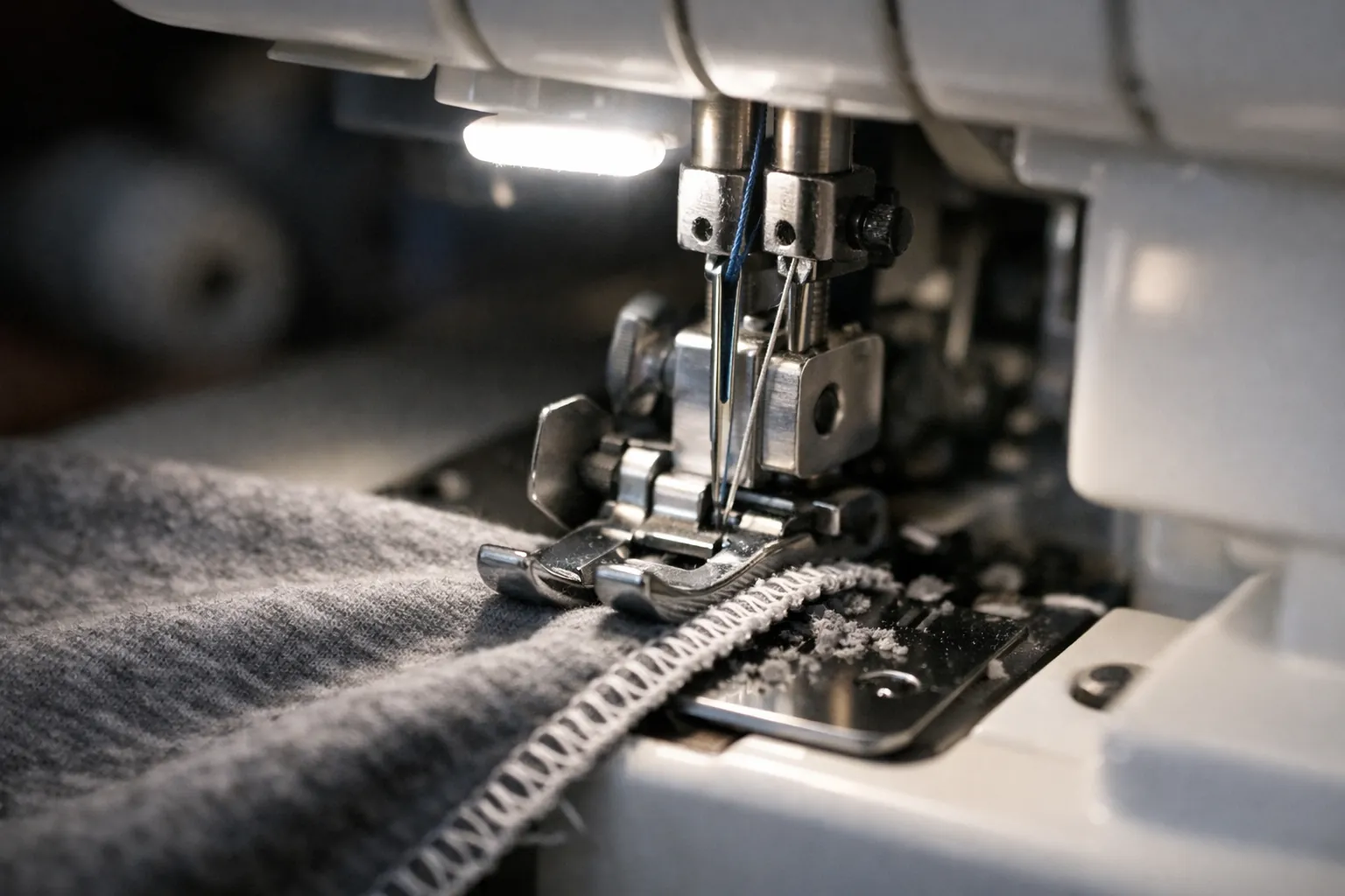 Close-up of a serger needle area lit by a bright white work light