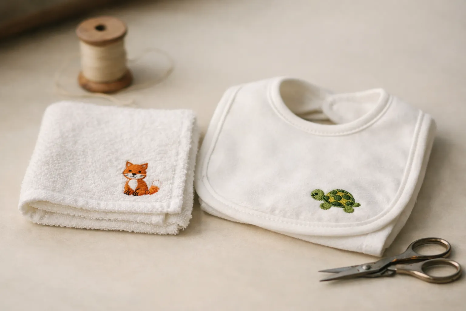 A baby bib and towel with small embroidered animal motifs