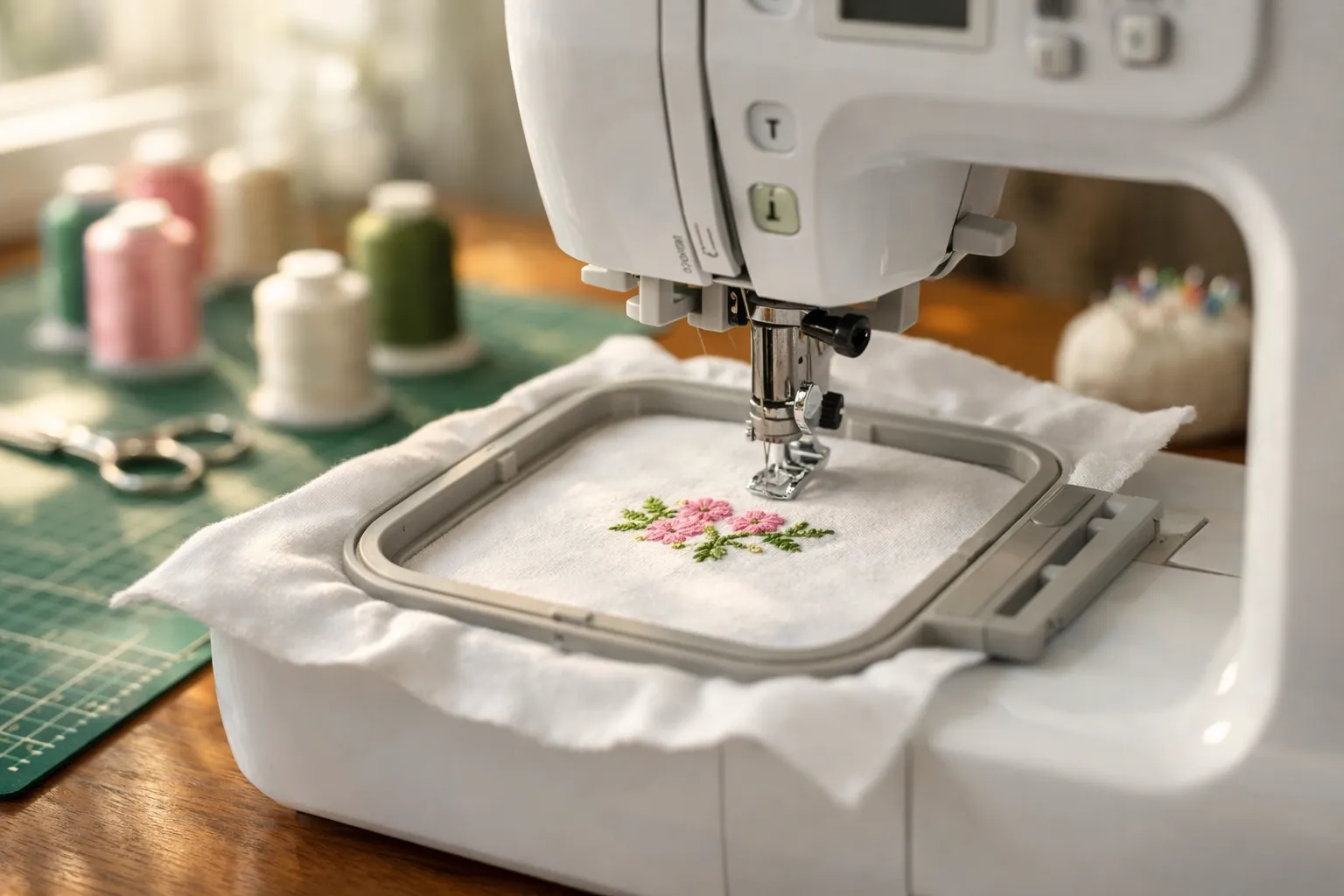 A compact embroidery machine stitching a small floral motif in a square hoop on a craft table