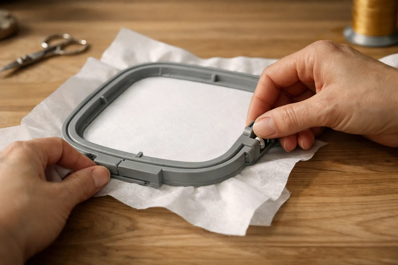 Hands tightening a square embroidery hoop around fabric