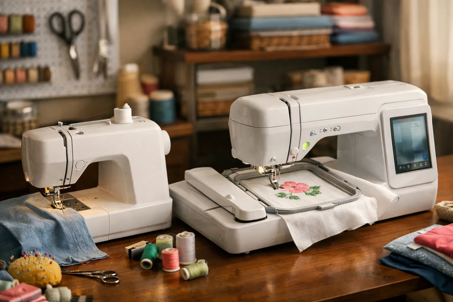 A sewing machine and an embroidery-only machine working side by side