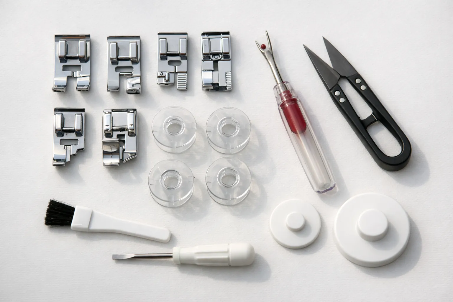 Presser feet, bobbins and small sewing tools laid out on a white surface