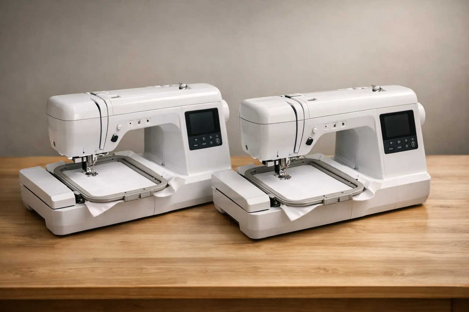 Two identical white sewing and embroidery machines side by side on a table