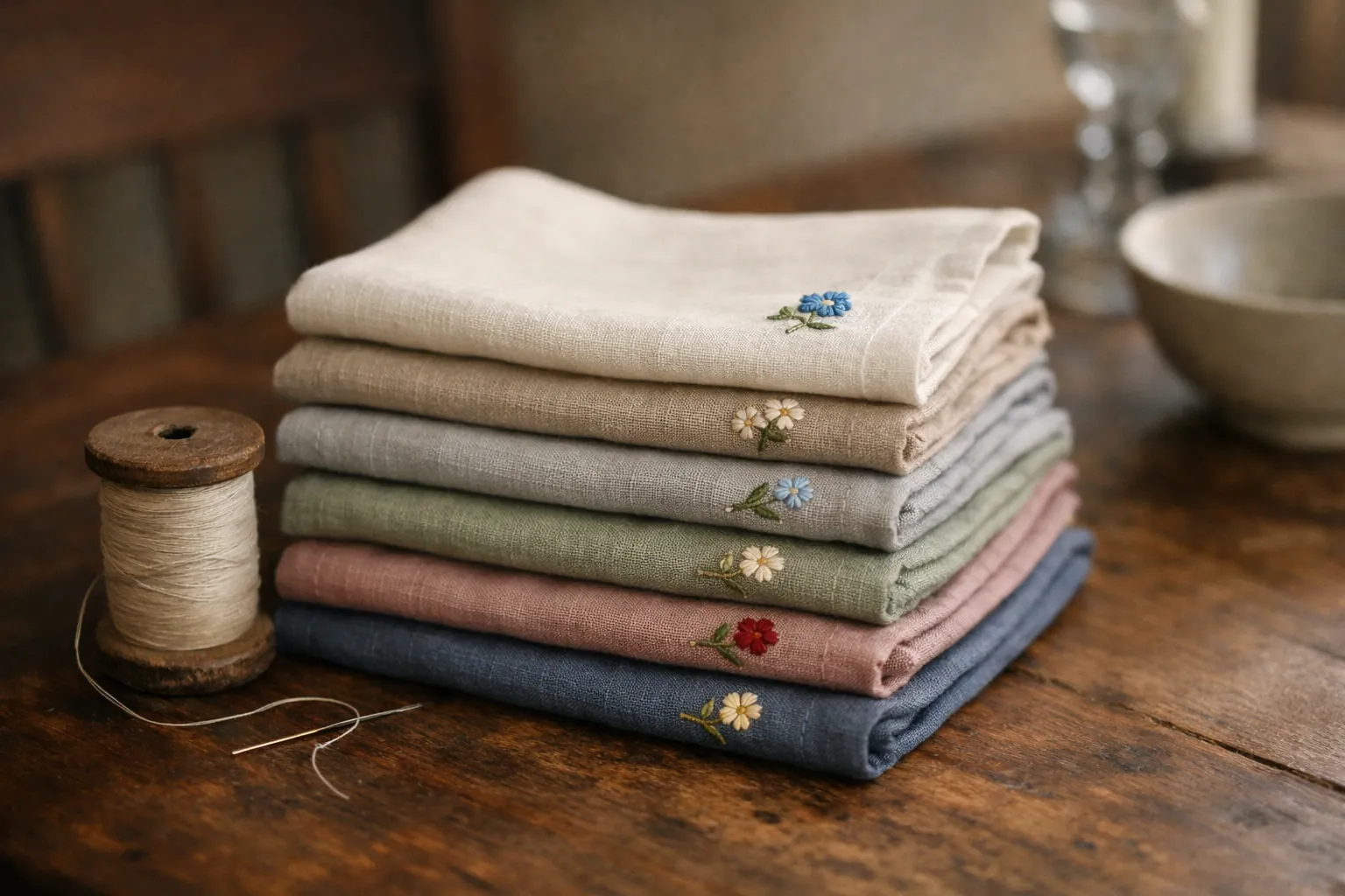 Linen napkins with small embroidered motifs in the corner