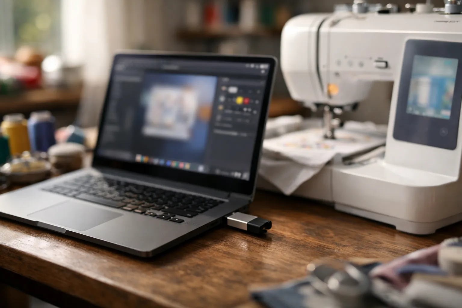A laptop with a USB drive next to an embroidery machine
