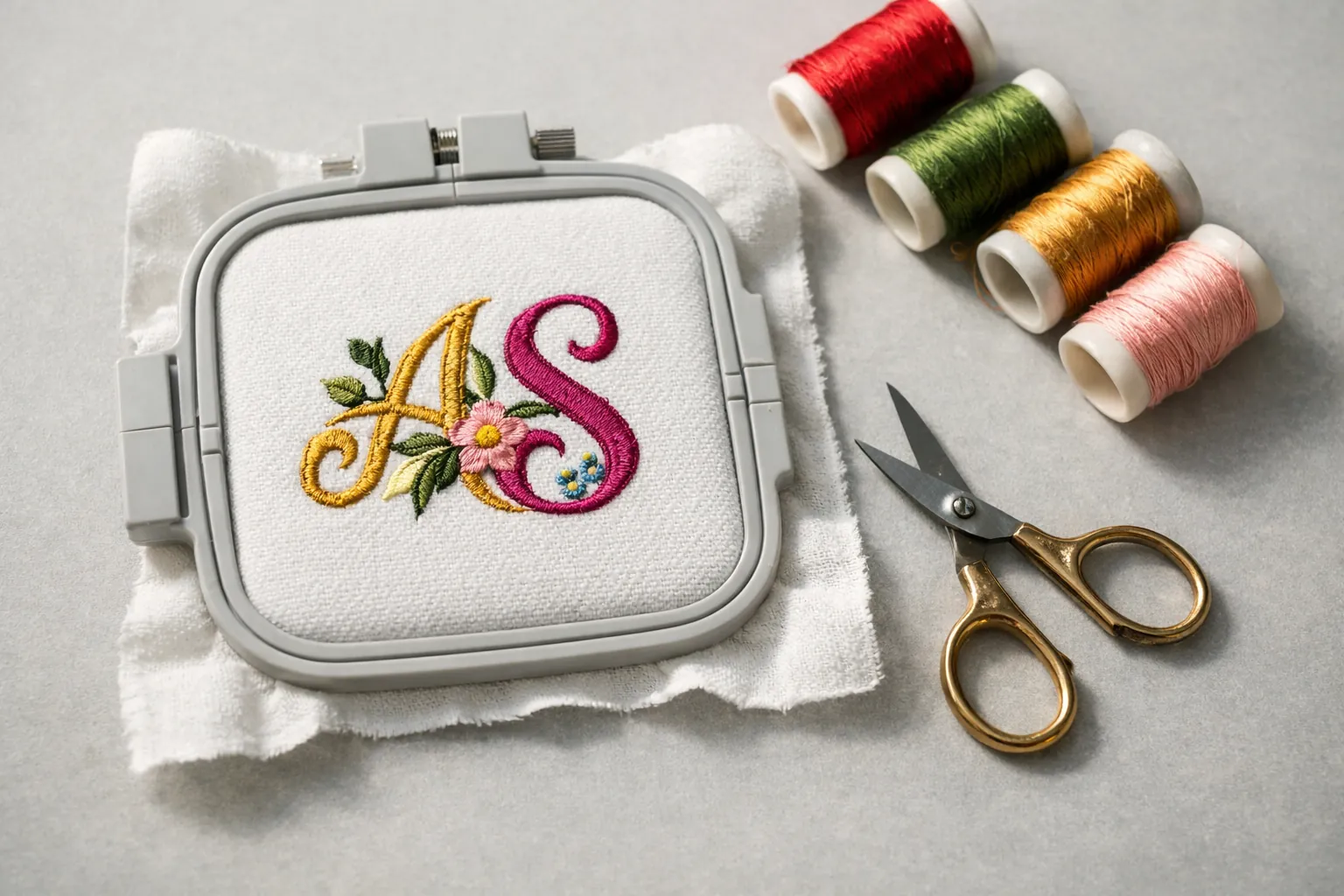 A small square embroidery hoop with a finished monogram