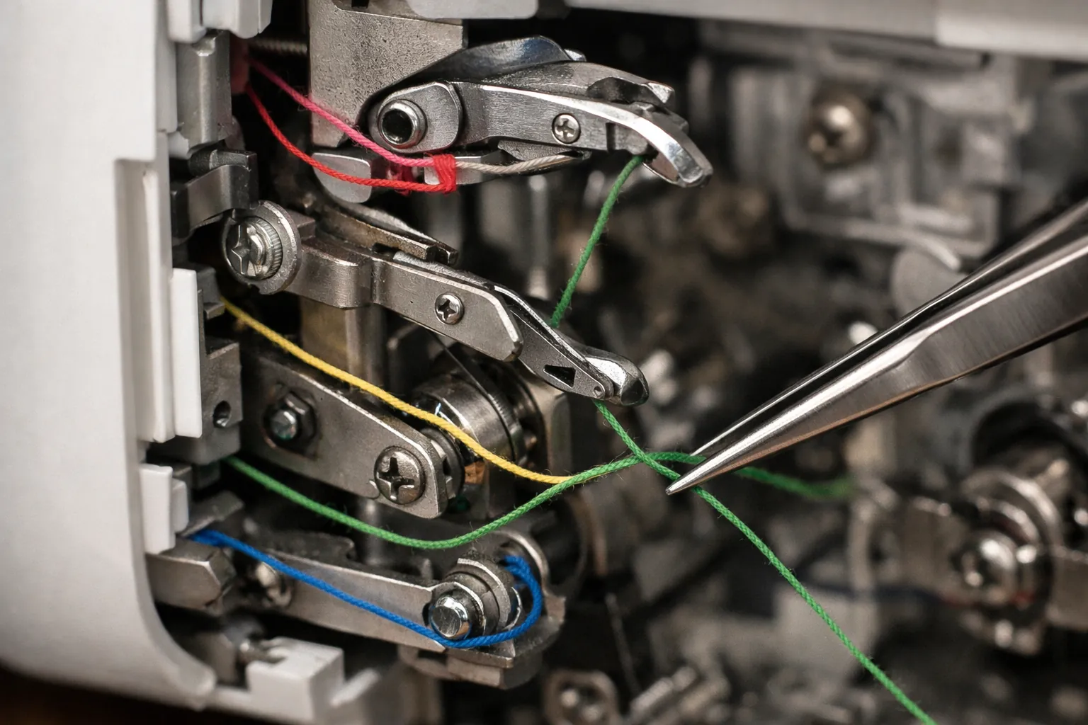 The open front of a serger showing the loopers and color-coded thread paths