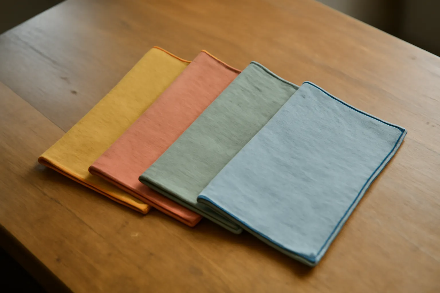Four linen napkins in mustard, coral, sage and blue with fine contrasting rolled edges on a wooden table