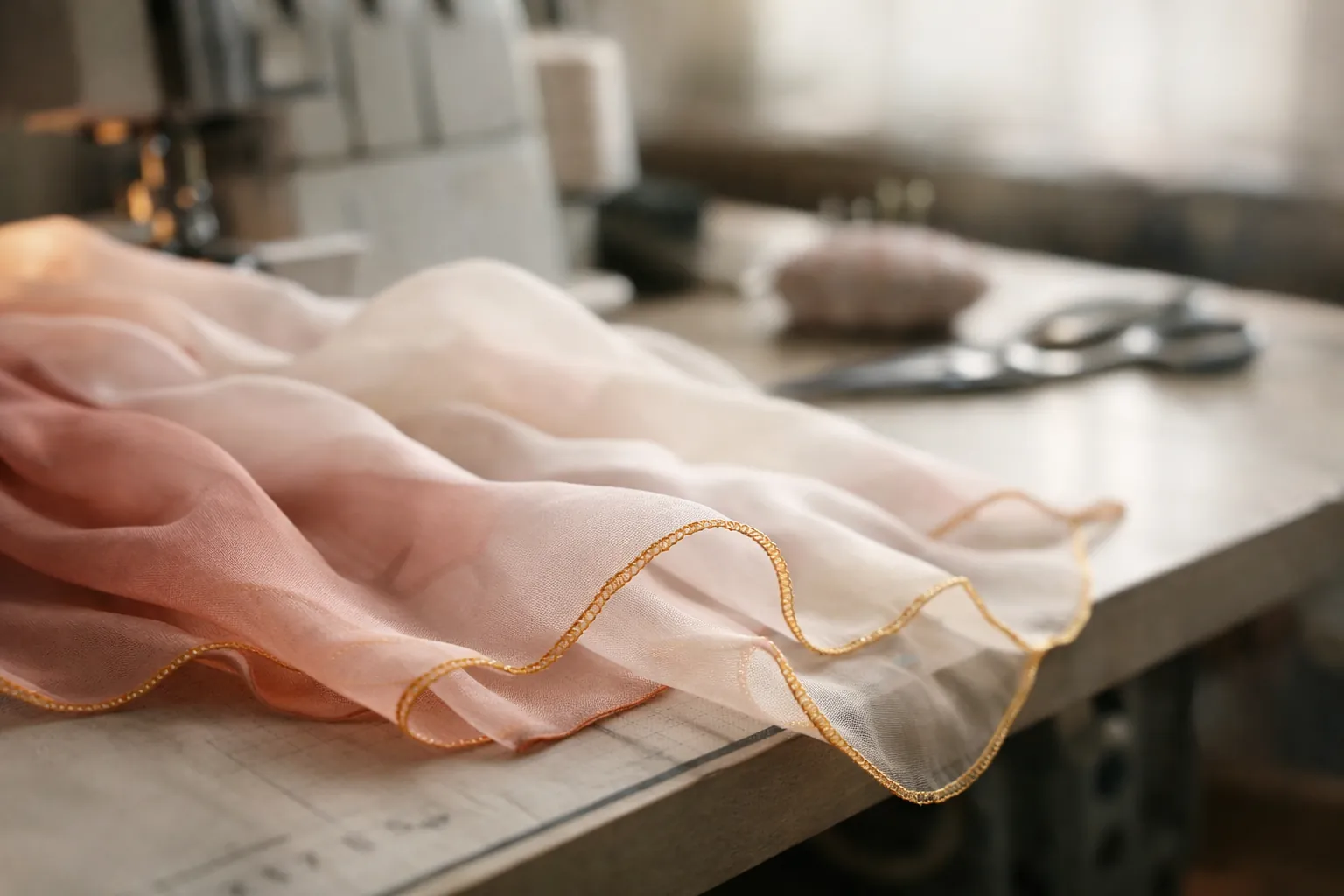 A chiffon scarf finished with a tiny rolled hem