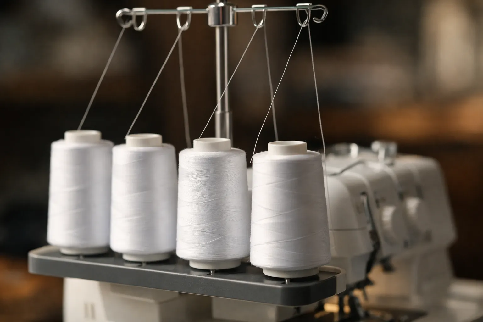 Four matching thread cones on a serger thread stand