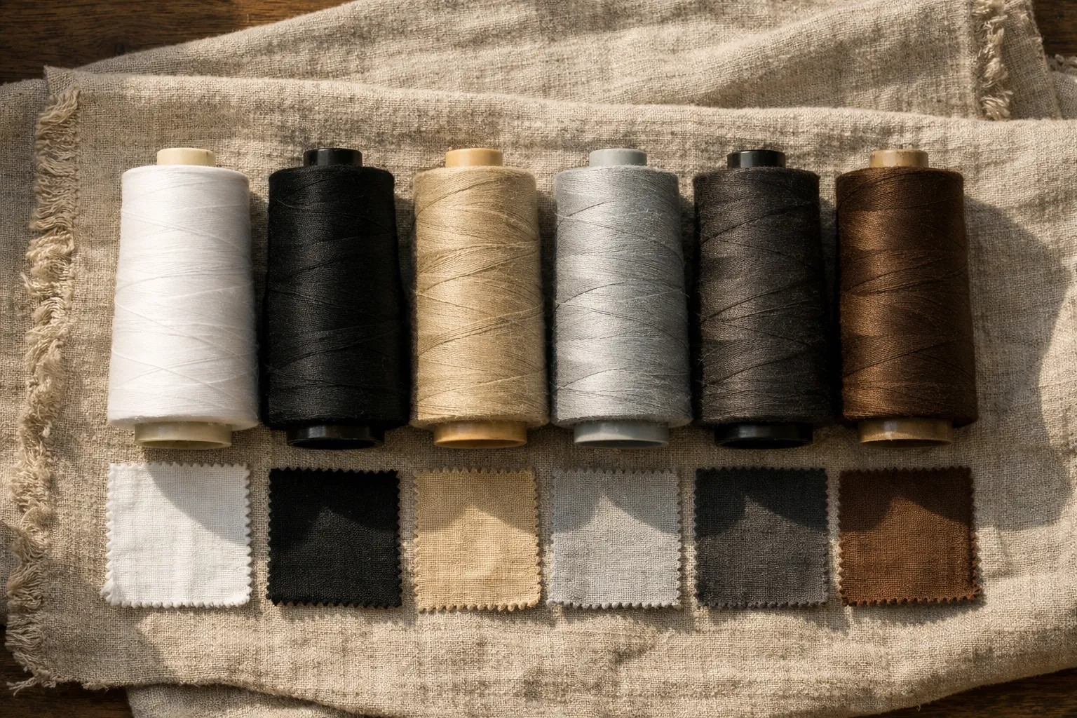Six neutral thread cones with matching fabric swatches