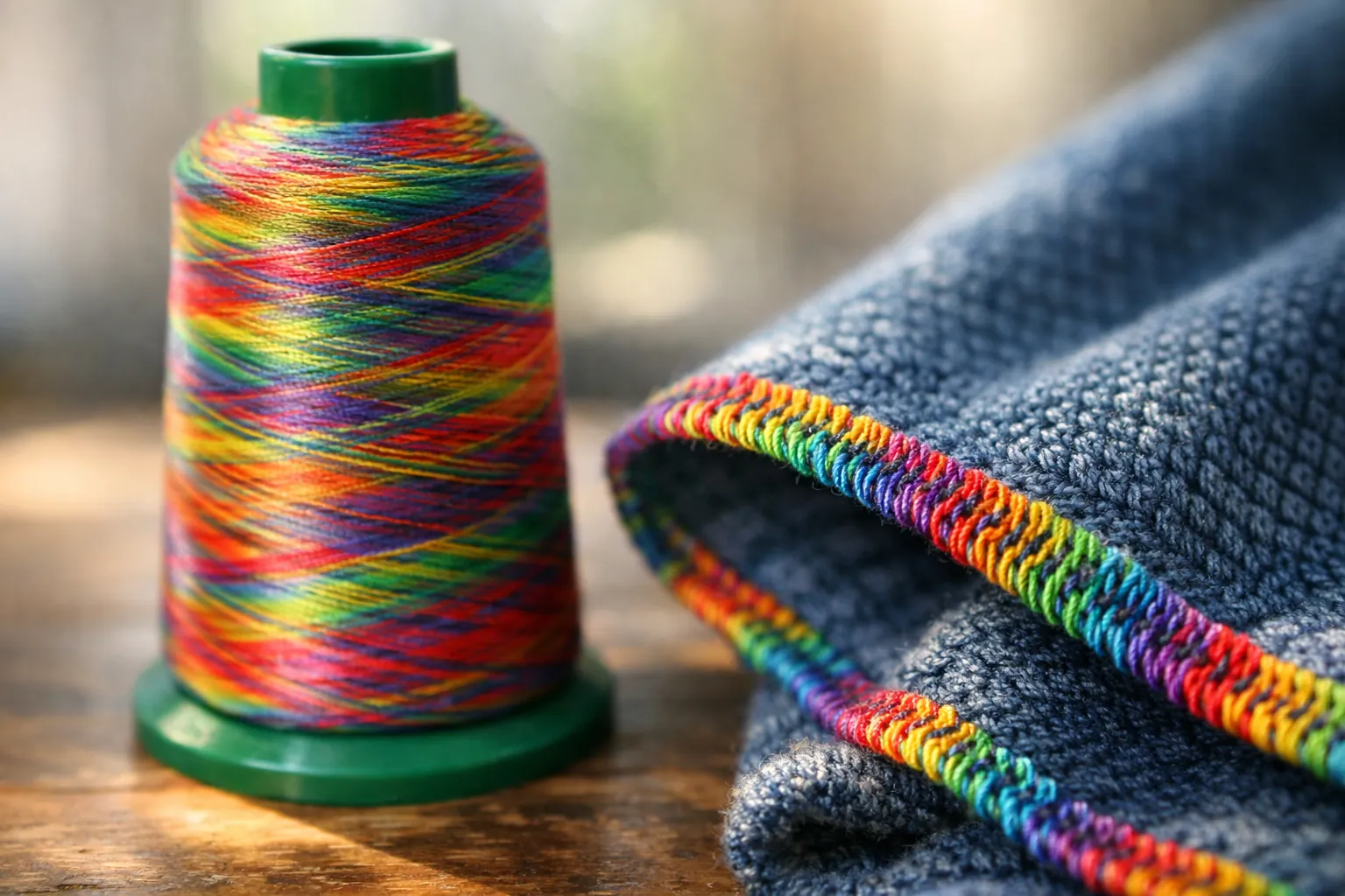 A variegated thread cone next to a decorative serged edge
