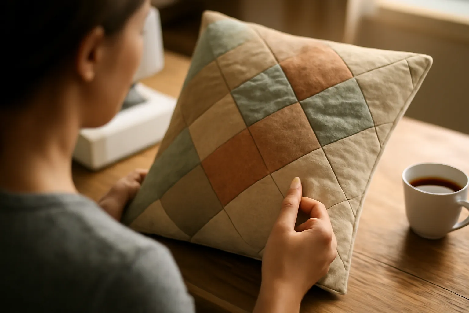 A woman at a table traces the stitching on a finished patchwork cushion with her fingertip