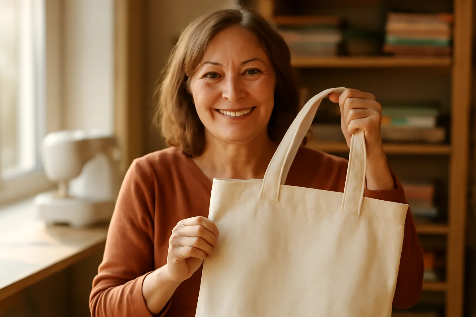 A smiling woman holds up a finished canvas tote bag in a sunny sewing room