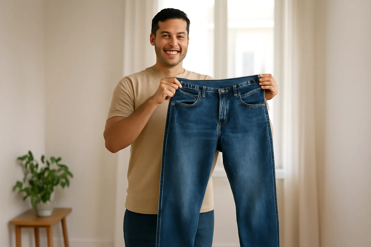 A young man smiling as he holds up a pair of jeans by the waistband in a bright apartment