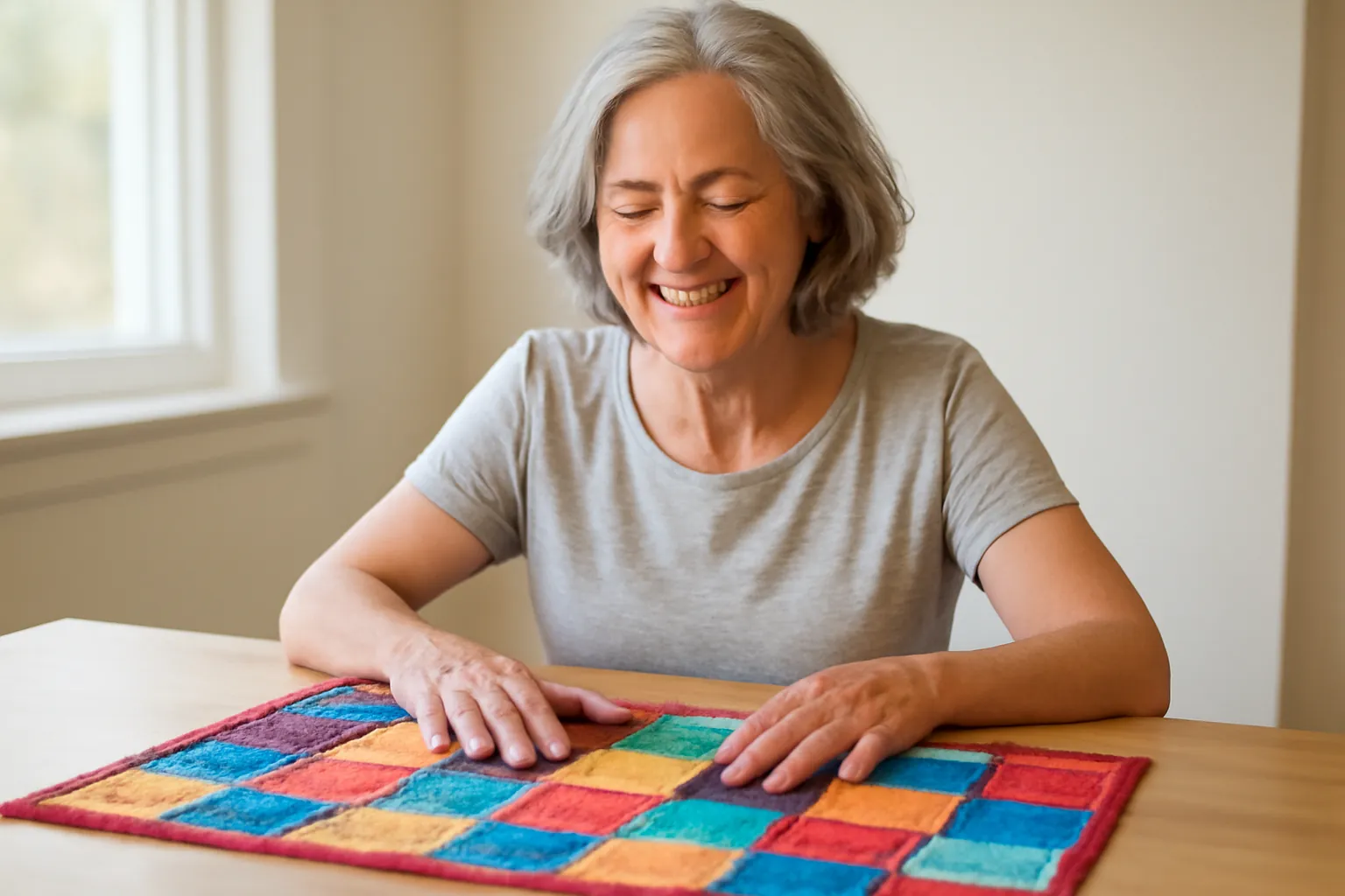 A smiling gray-haired woman resting her hands on a bright patchwork table runner spread across a sunny dining table