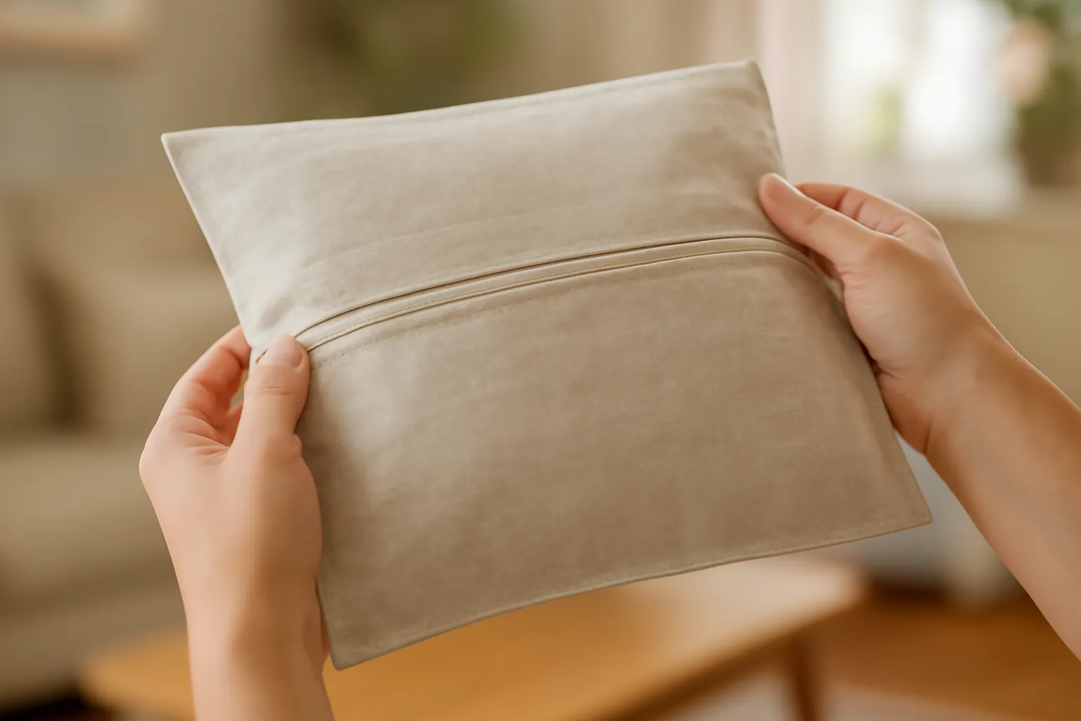 Hands holding up a finished cushion cover with a neat lapped zipper seam across it