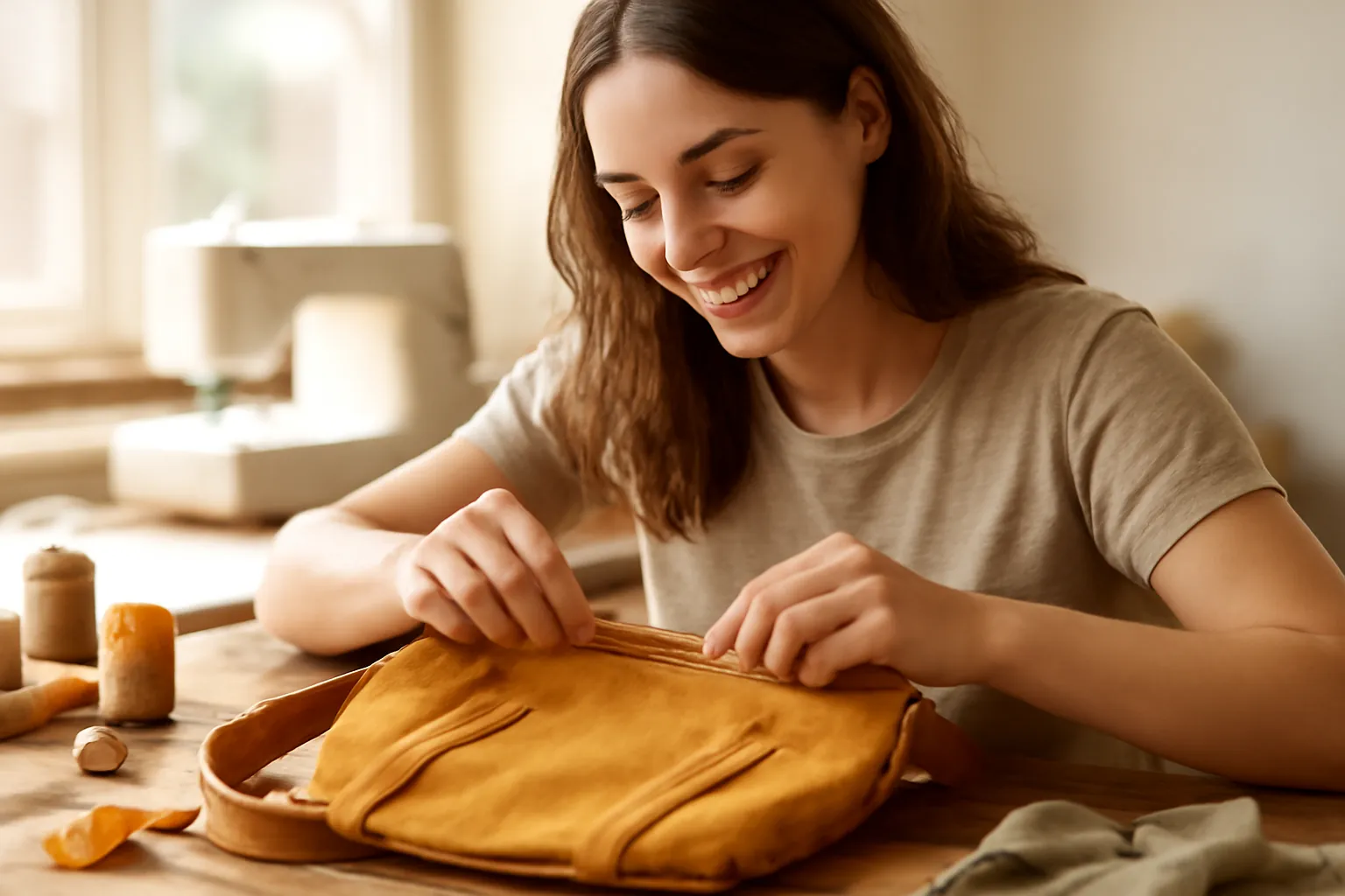 A young woman smiling as she checks the top edge of a handmade mustard bag at a wooden worktable, a sewing machine blurred behind her