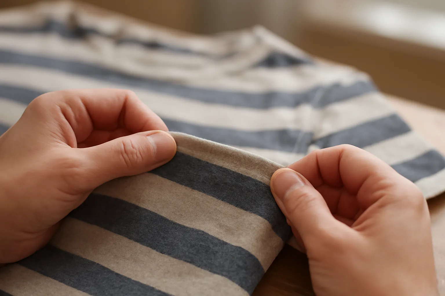 Hands holding the hemmed edge of a gray-striped knit T-shirt