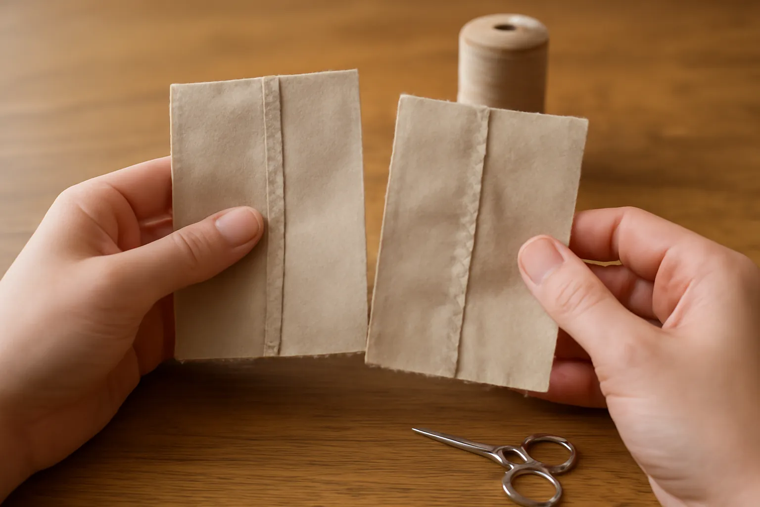 Two fabric test scraps side by side, one with a smooth seam and one puckered
