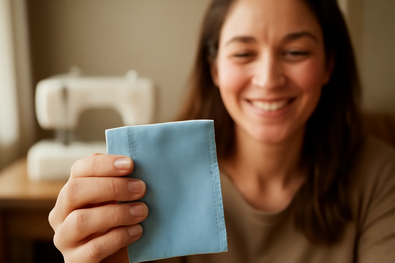 A smiling woman holding up a small blue cotton test scrap with a neat, even line of stitching, a sewing machine blurred behind her