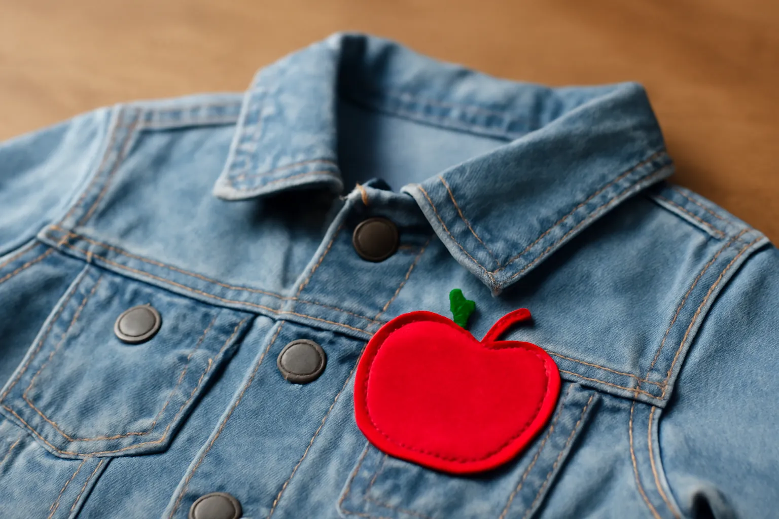 A red apple appliqué with a smooth, raised stitched edge on the chest of a child's denim jacket