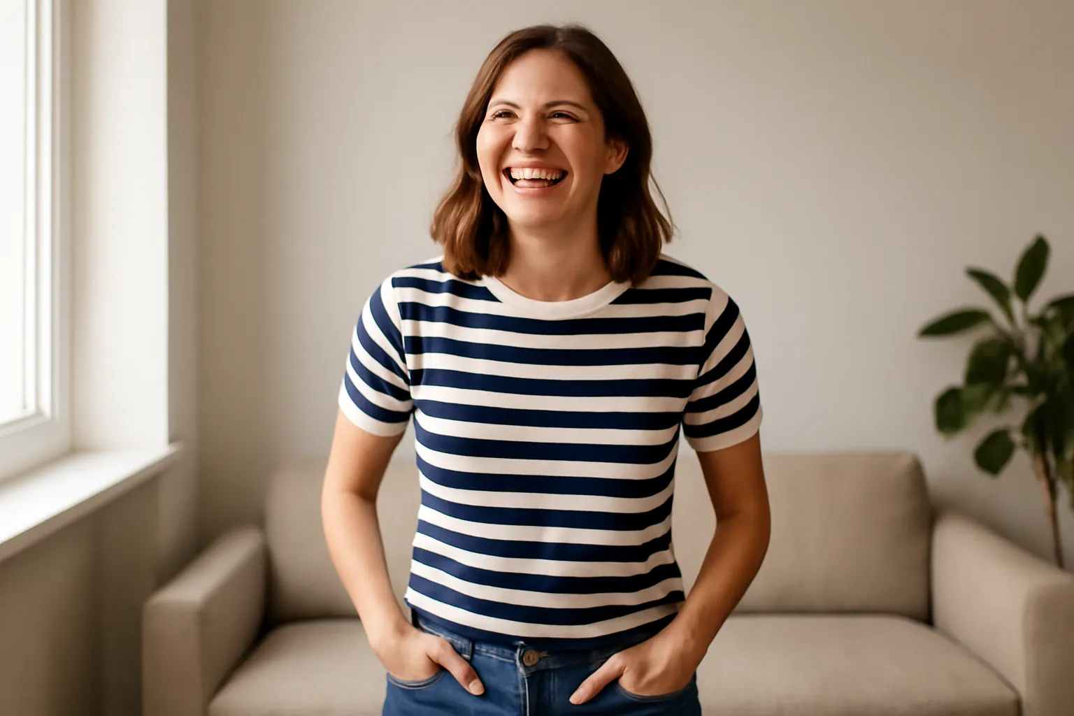 A young woman laughing in a navy and white striped knit T-shirt, hands in her jeans pockets, in a bright living room
