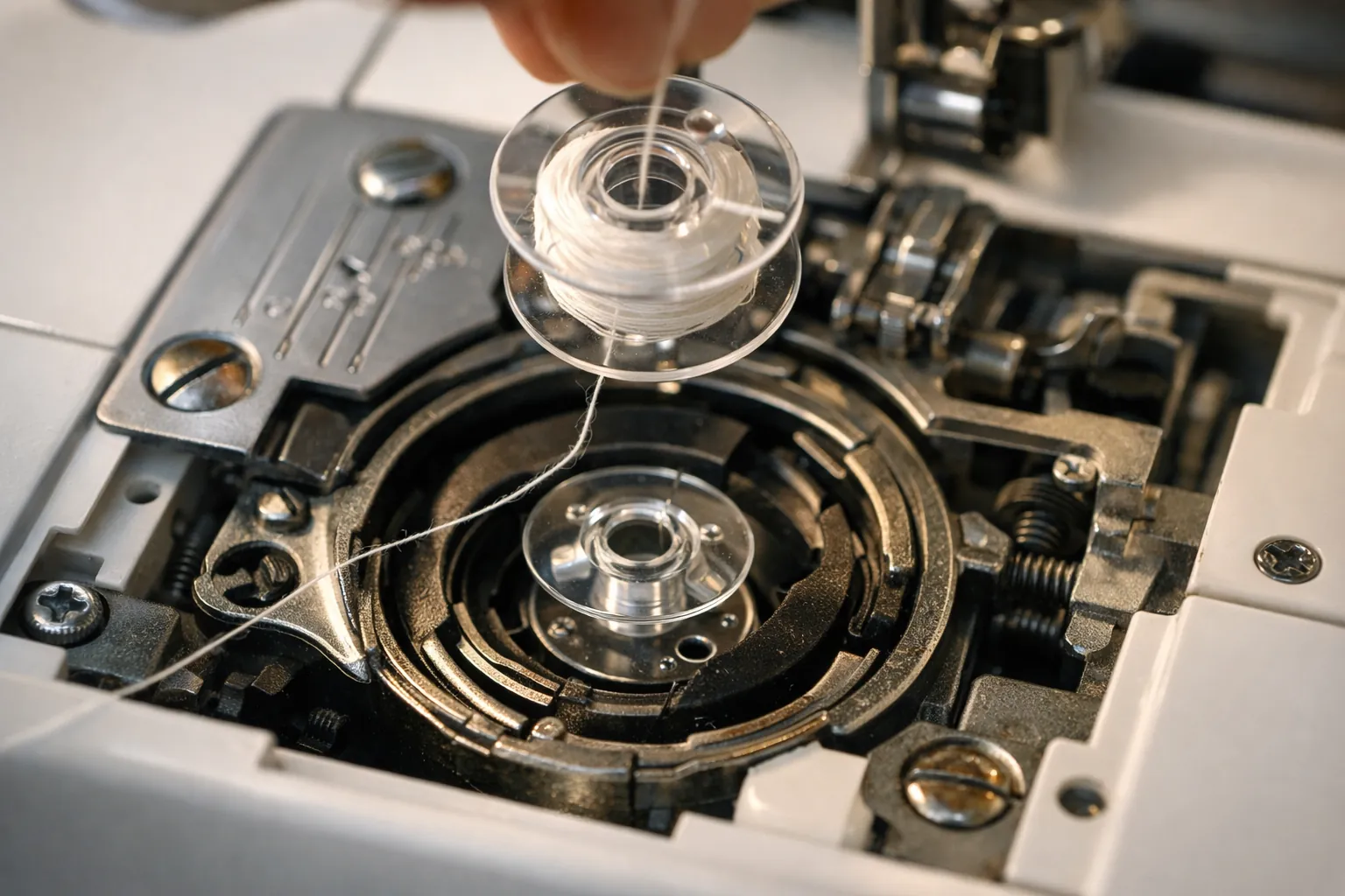A clear bobbin being dropped into a drop-in bobbin case