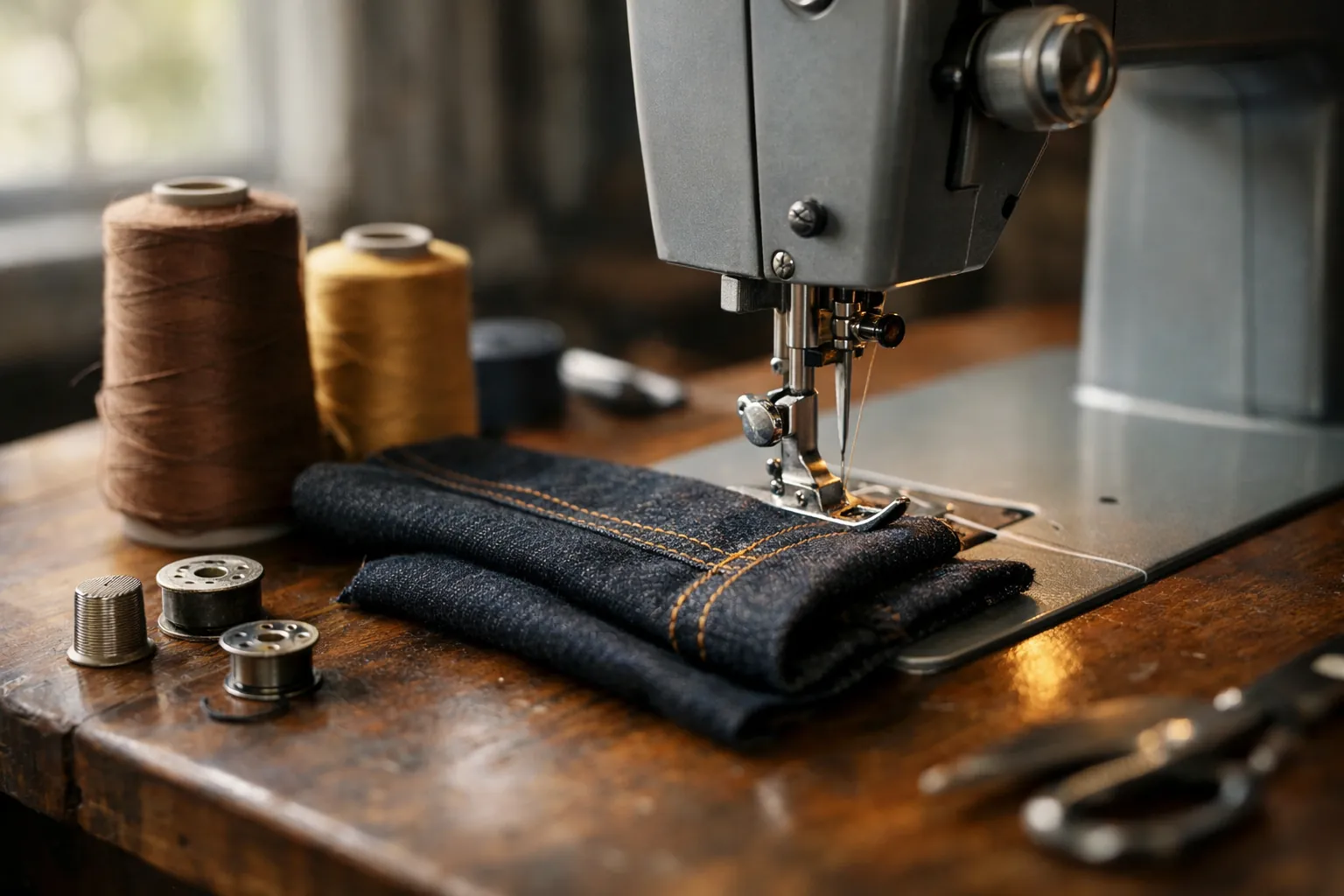 A gray heavy-duty home sewing machine stitching through folded denim on a wooden table