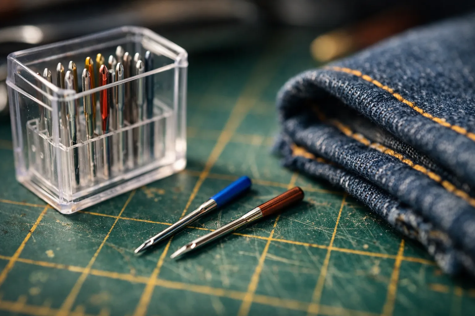 Assorted sewing machine needles in a case beside folded denim