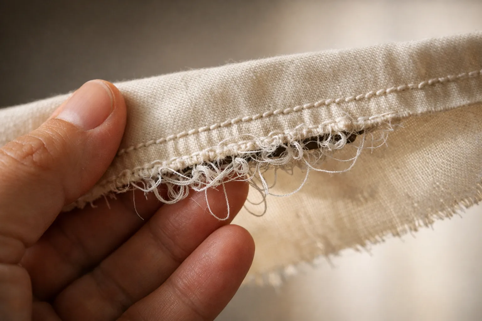 Loops of thread bunched on the underside of a seam