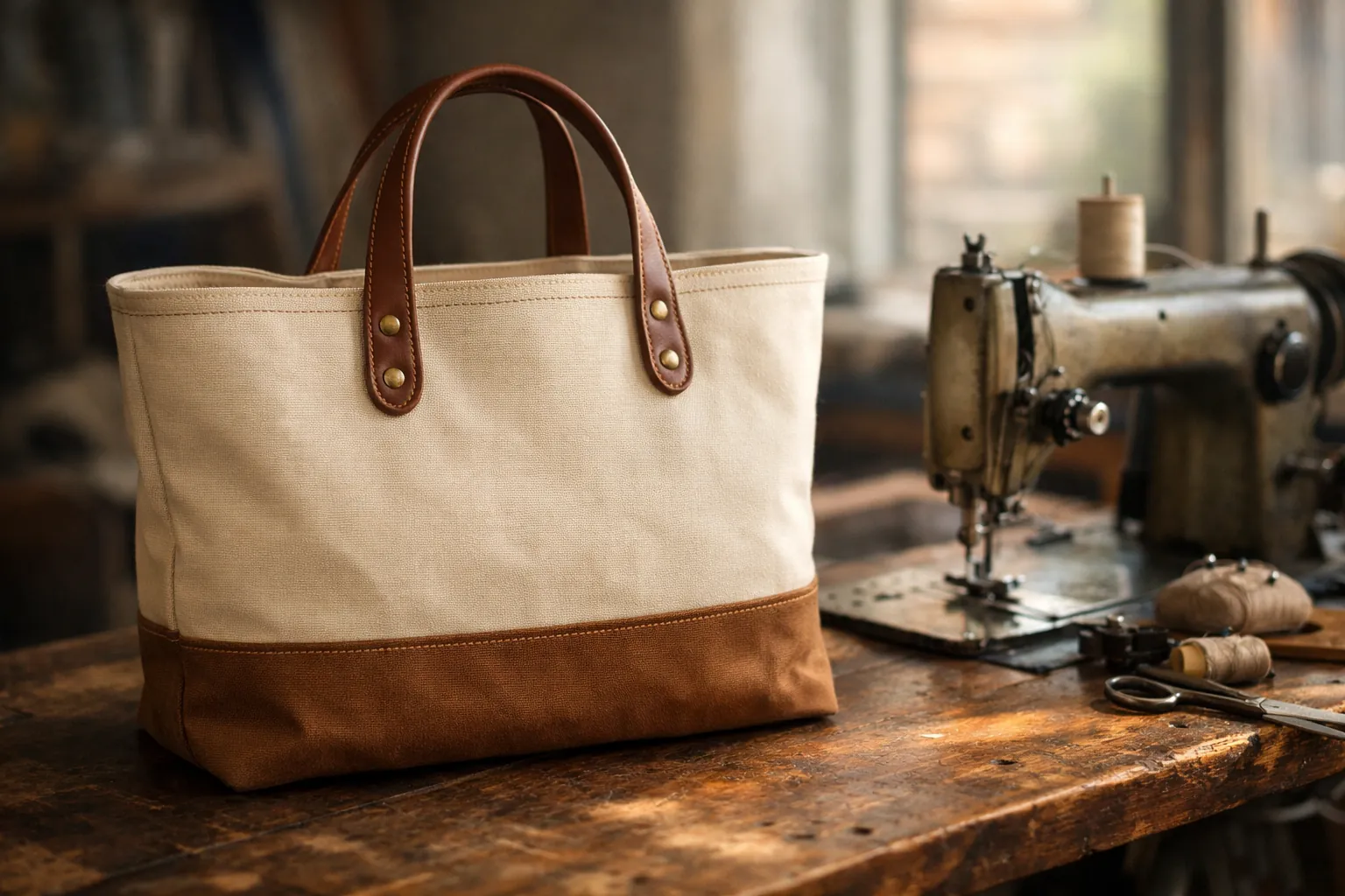 A canvas tote bag with leather handles next to a sewing machine