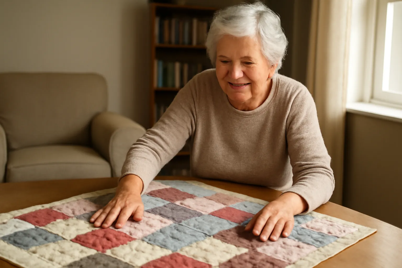A smiling woman smoothing a finished patchwork quilt across a table in a cozy living room