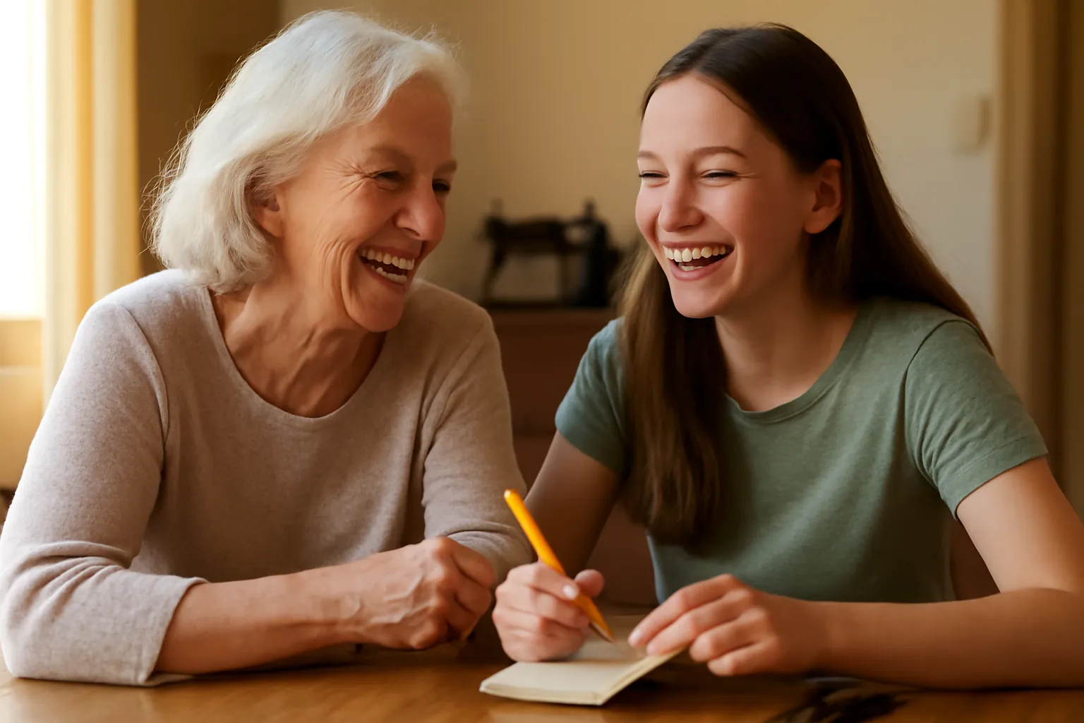 A grandmother and her granddaughter laughing together at a kitchen table, an old black sewing machine soft and out of focus behind them