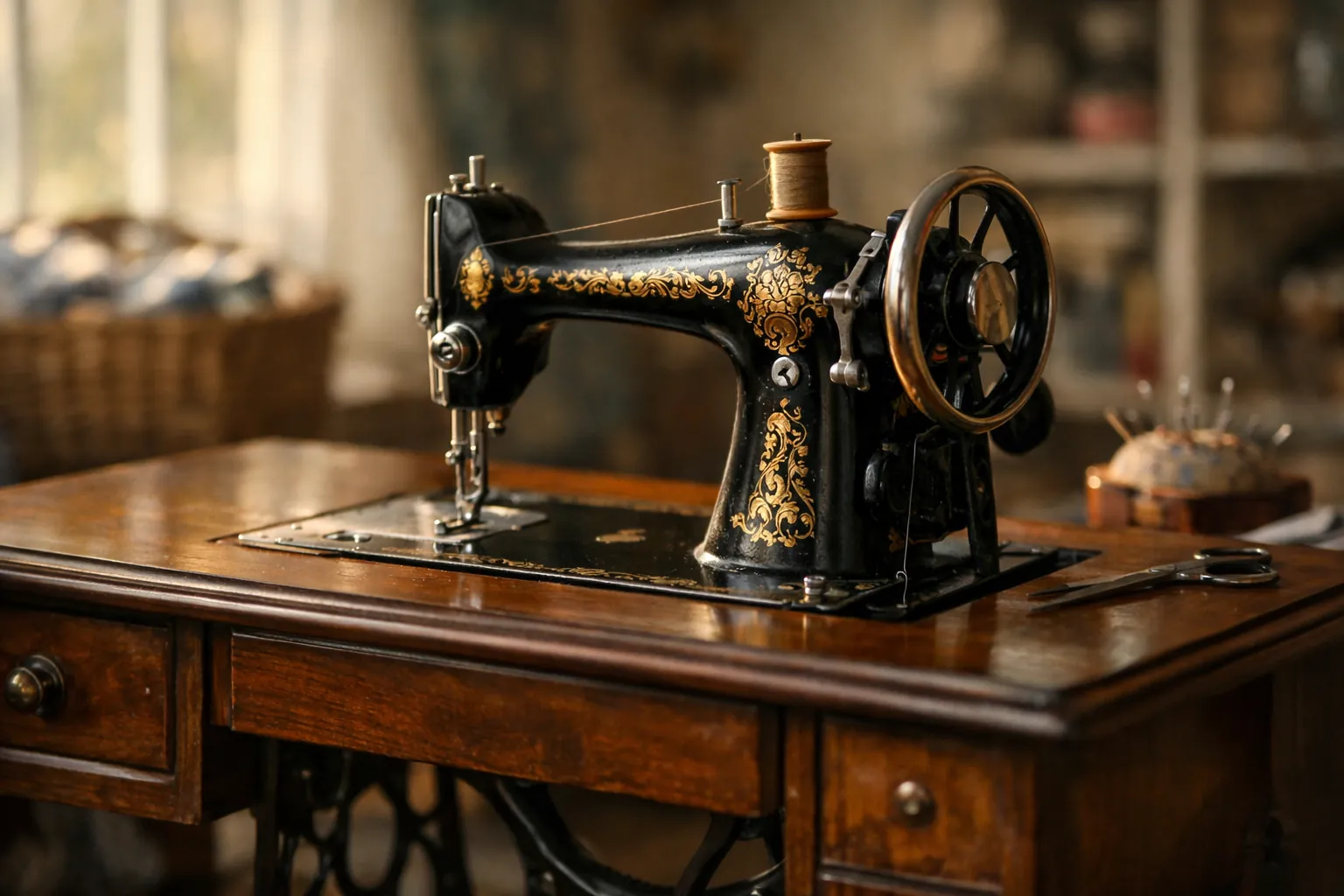 An antique black sewing machine with gold decoration on a wooden cabinet