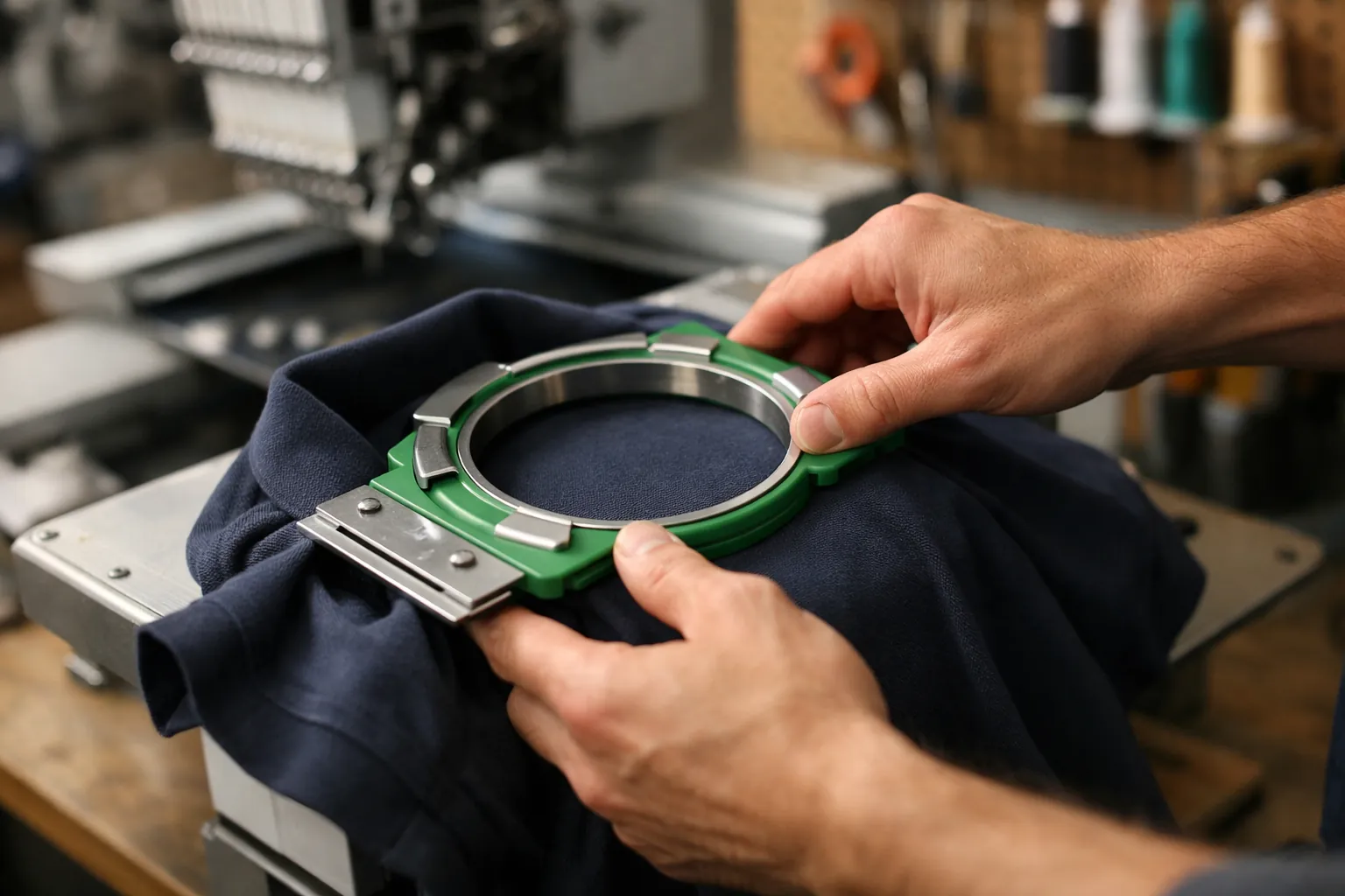 Hooping a polo shirt with a magnetic hoop at a hooping station