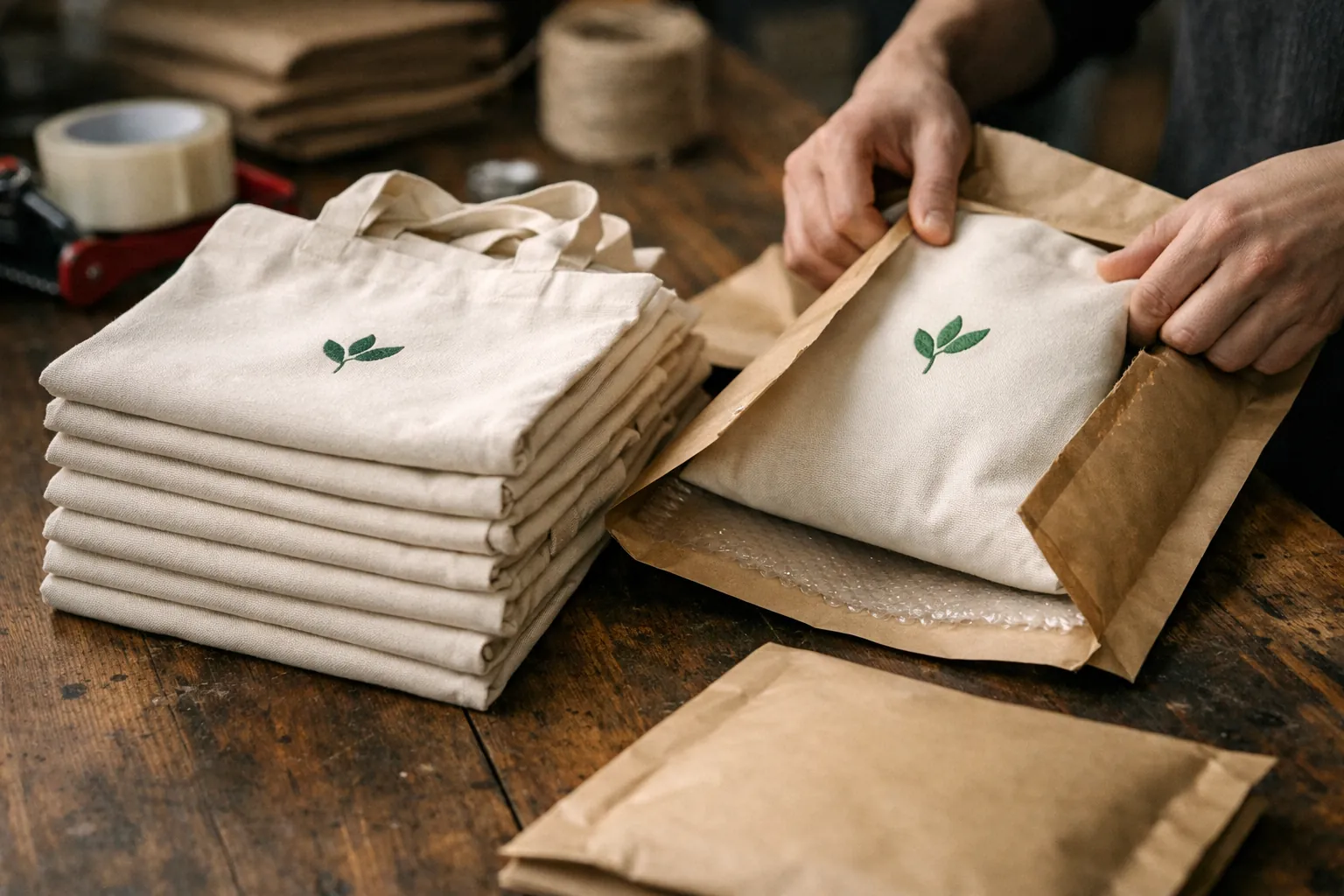 Embroidered tote bags being packed for shipping