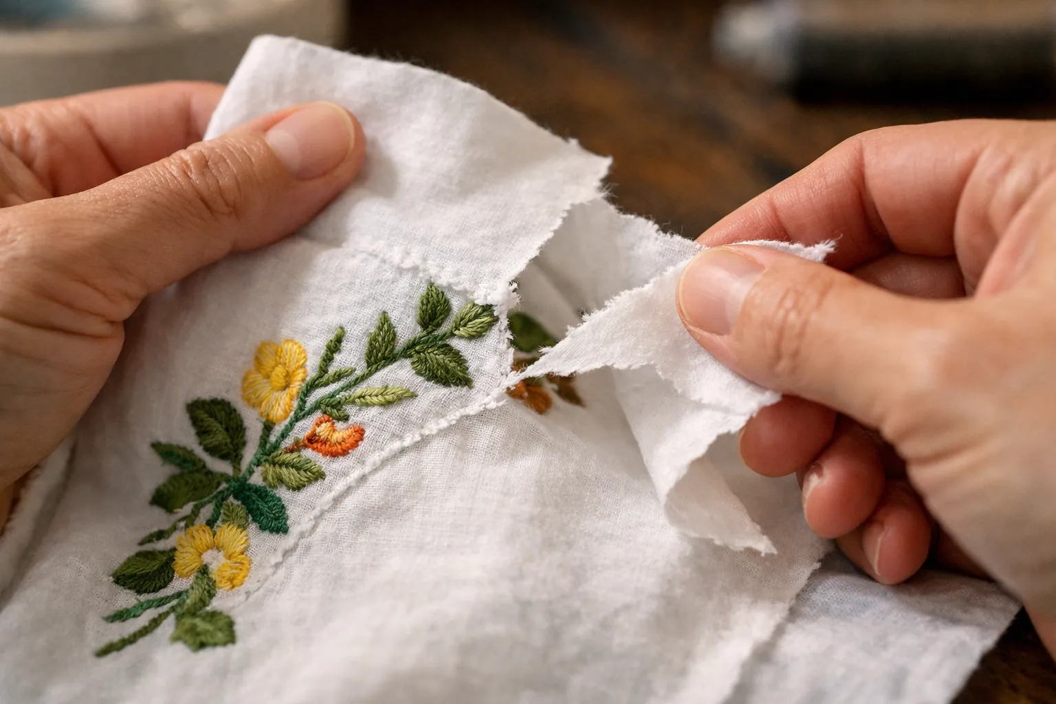 Tear-away stabilizer being torn from the back of an embroidered napkin