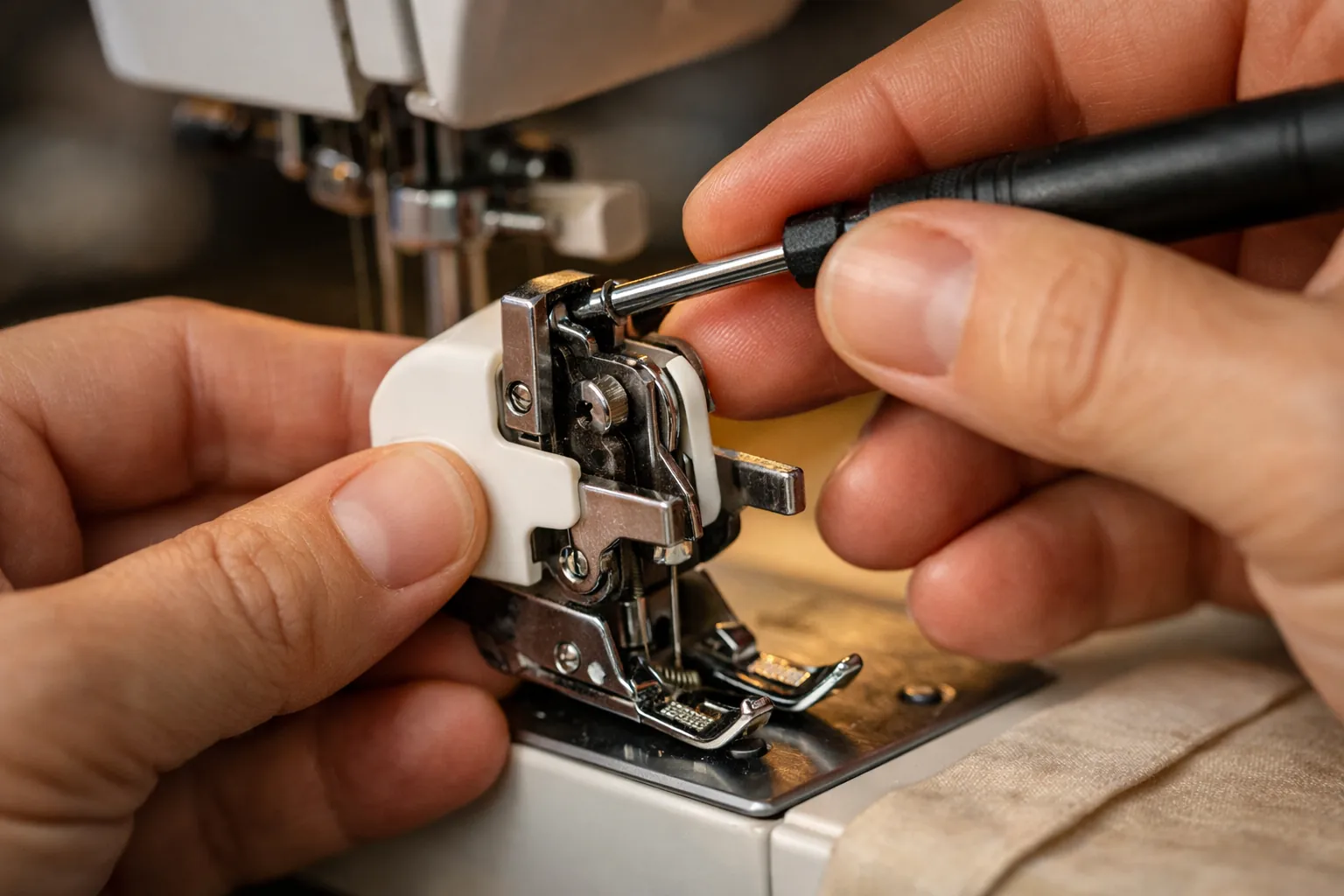 Fastening a walking foot to a sewing machine with a screwdriver
