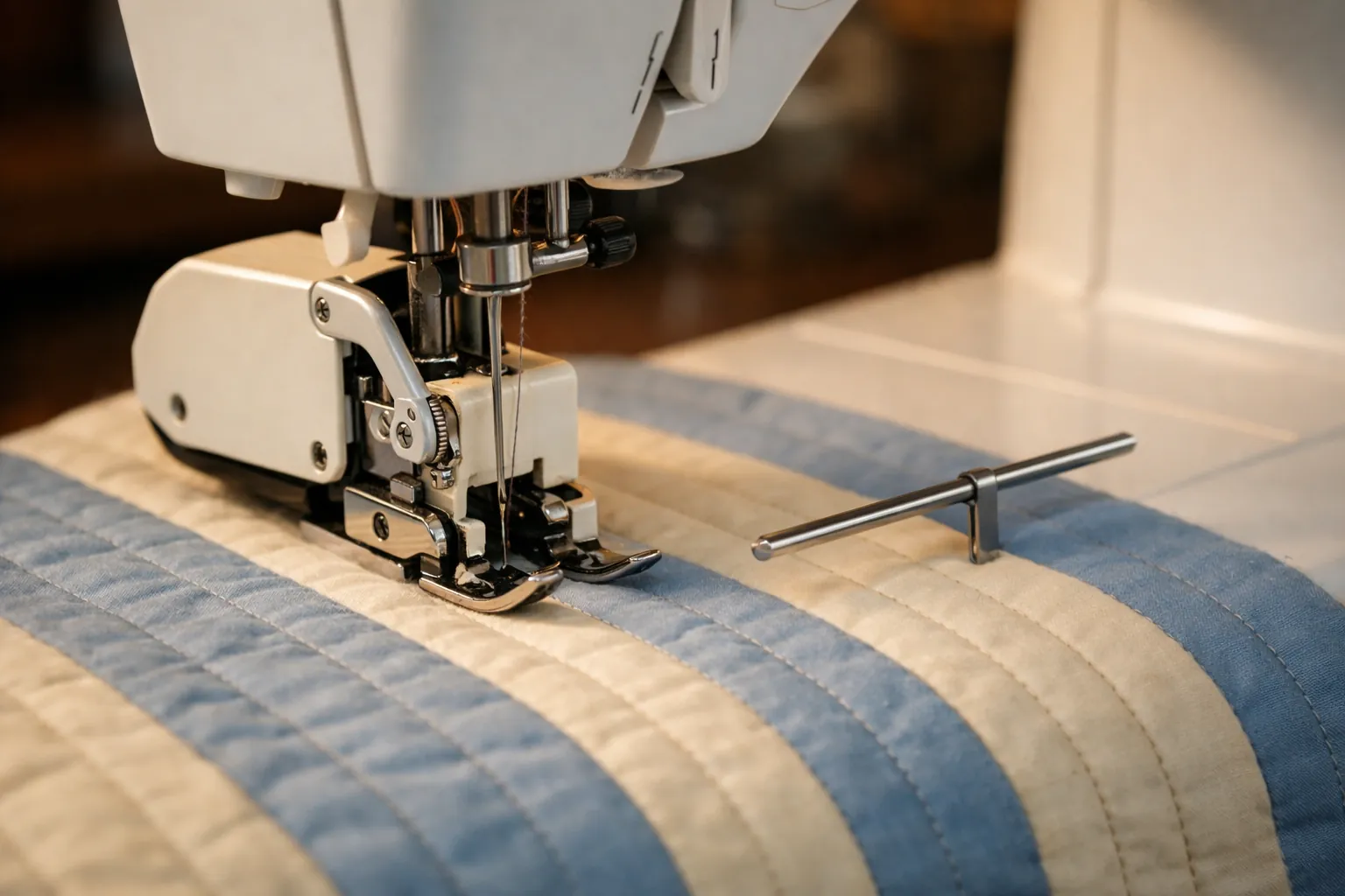 A walking foot attachment on a home sewing machine stitching straight lines across a quilt sandwich