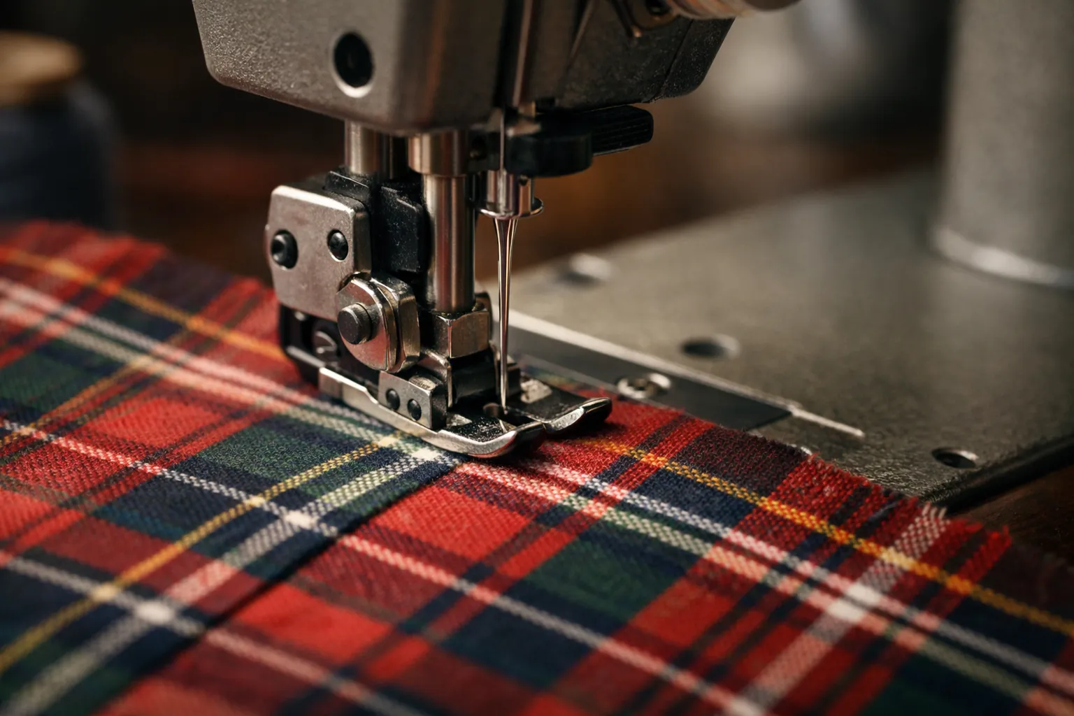 Plaid fabric being matched under a walking foot