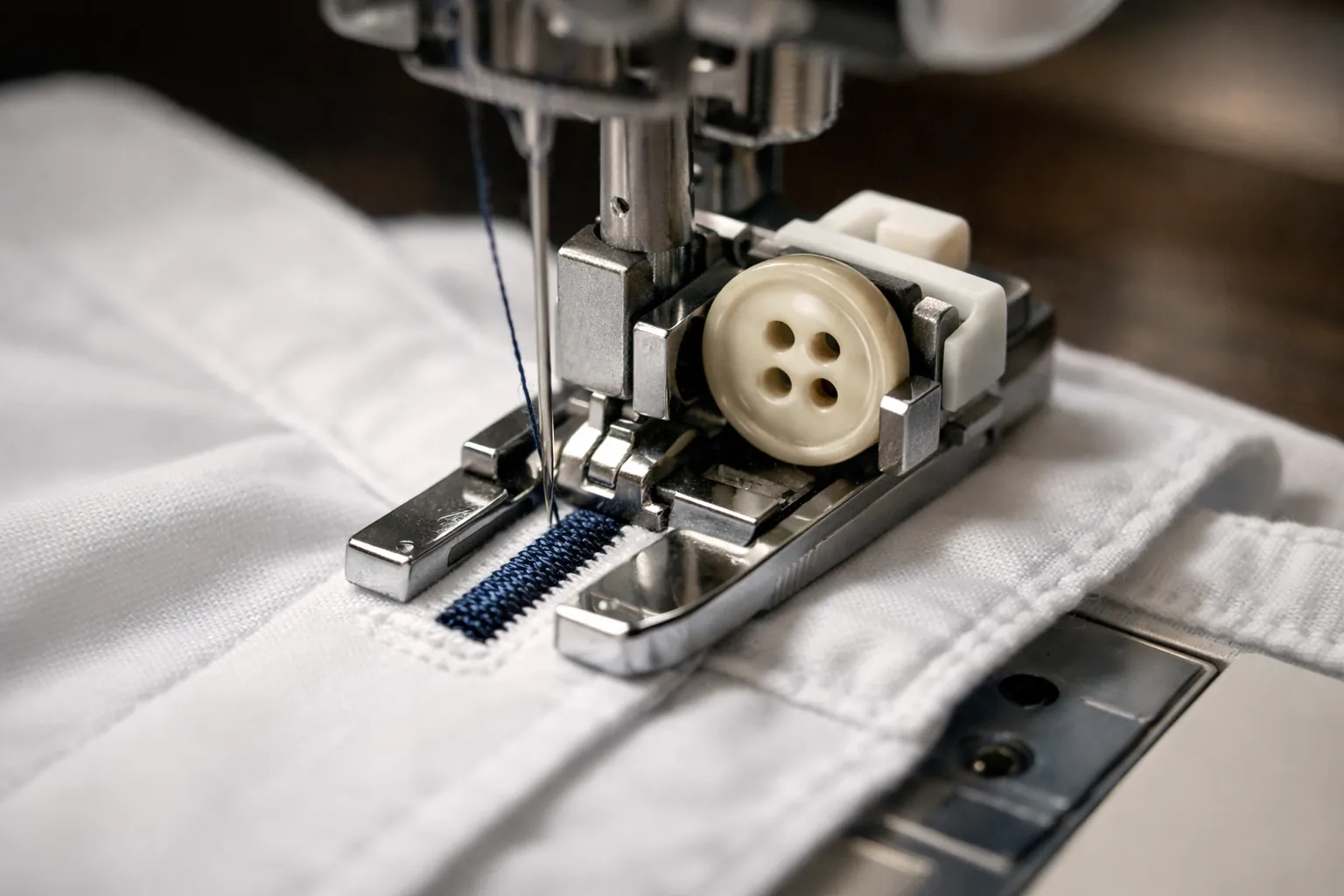 One-step buttonhole foot holding a button while sewing a shirt placket